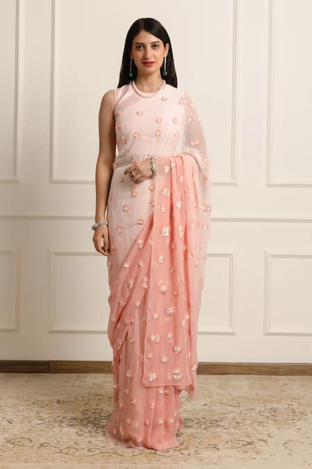 Atelier Shikaarbagh Pink Saree Silk Chiffon Embroidered Flower Ombre With Unstitched Blouse Piece 