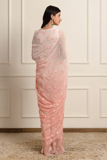 Atelier Shikaarbagh Flower Embroidered Ombre Saree With Unstitched Blouse Piece 