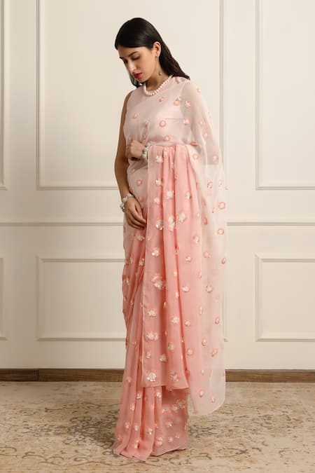 Atelier Shikaarbagh Pink Silk Satin Flower Embroidered Ombre Saree With Unstitched Blouse Piece Online at Aza Fashions Atelier Shikaarbagh_Pink Silk Satin Flower Embroidered Ombre Saree With Unstitched Blouse Piece _Online_at_Aza_Fashions