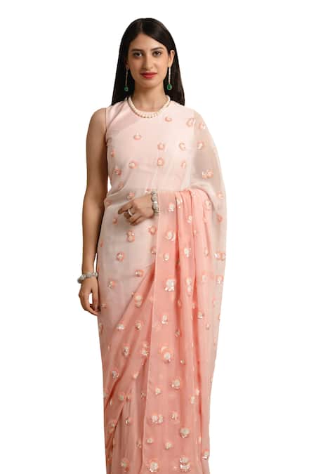 Shop Atelier Shikaarbagh Pink Silk Satin Flower Embroidered Ombre Saree With Unstitched Blouse Piece Online at Aza Fashions Shop_Atelier Shikaarbagh_Pink Silk Satin Flower Embroidered Ombre Saree With Unstitched Blouse Piece _Online_at_Aza_Fashions