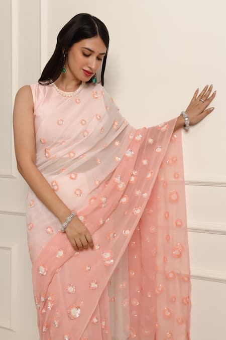 Atelier Shikaarbagh Pink Silk Satin Flower Embroidered Ombre Saree With Unstitched Blouse Piece at Aza Fashions Atelier Shikaarbagh_Pink Silk Satin Flower Embroidered Ombre Saree With Unstitched Blouse Piece _at_Aza_Fashions
