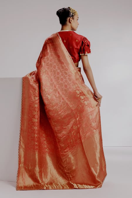 Shop Taisha Multi Color Silk, Satin Embroidery Square Mughal Floral Woven Banarasi Saree Set at Aza Fashions Shop_Taisha_Multi Color Silk, Satin Embroidery Square Mughal Floral Woven Banarasi Saree Set _at_Aza_Fashions