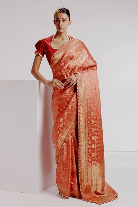 Taisha Multi Color Silk, Satin Embroidery Square Mughal Floral Woven Banarasi Saree Set Online at Aza Fashions Taisha_Multi Color Silk, Satin Embroidery Square Mughal Floral Woven Banarasi Saree Set _Online_at_Aza_Fashions