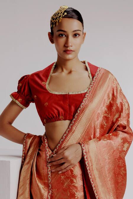 Shop Taisha Multi Color Silk, Satin Embroidery Square Mughal Floral Woven Banarasi Saree Set Online at Aza Fashions Shop_Taisha_Multi Color Silk, Satin Embroidery Square Mughal Floral Woven Banarasi Saree Set _Online_at_Aza_Fashions