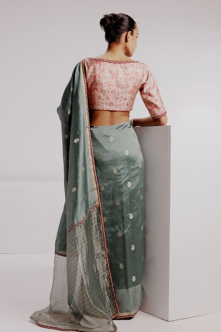 Shop Taisha Multi Color Silk, Tissue, Satin Embroidery V-neck Woven Butti Banarasi Saree Set at Aza Fashions Shop_Taisha_Multi Color Silk, Tissue, Satin Embroidery V-neck Woven Butti Banarasi Saree Set _at_Aza_Fashions