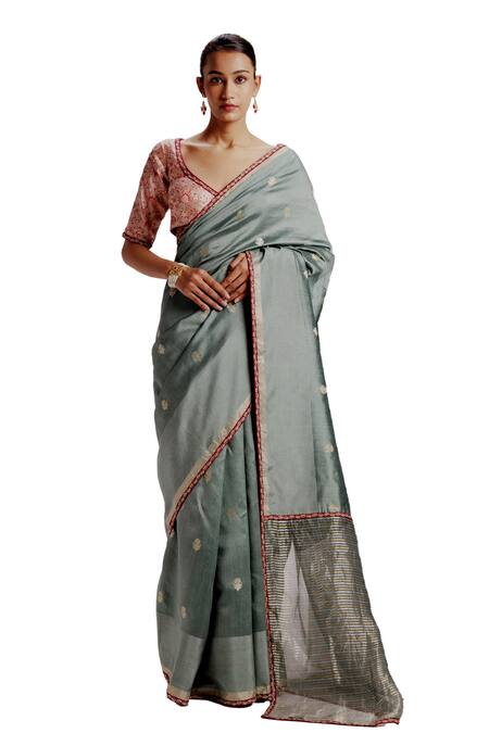 Buy Taisha Multi Color Silk, Tissue, Satin Embroidery V-neck Woven Butti Banarasi Saree Set Online at Aza Fashions Buy_Taisha_Multi Color Silk, Tissue, Satin Embroidery V-neck Woven Butti Banarasi Saree Set _Online_at_Aza_Fashions