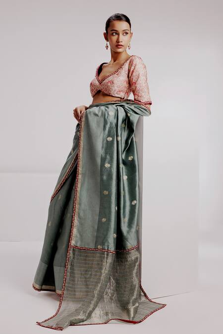 Shop Taisha Multi Color Silk, Tissue, Satin Embroidery V-neck Woven Butti Banarasi Saree Set Online at Aza Fashions Shop_Taisha_Multi Color Silk, Tissue, Satin Embroidery V-neck Woven Butti Banarasi Saree Set _Online_at_Aza_Fashions