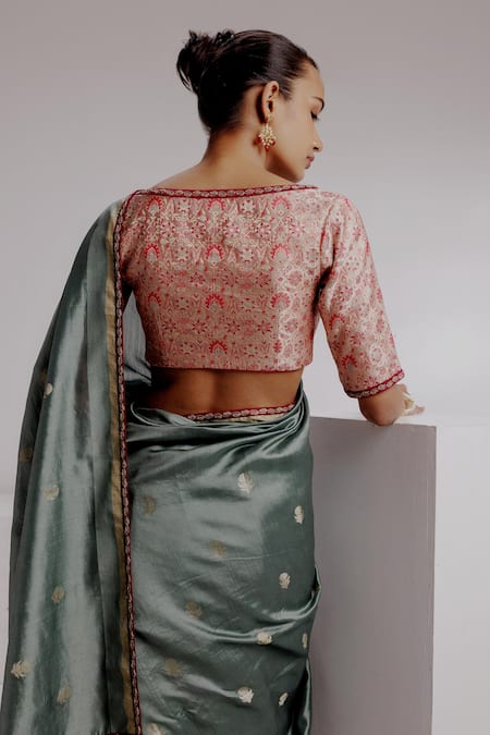 Buy Taisha Multi Color Silk, Tissue, Satin Embroidery V-neck Woven Butti Banarasi Saree Set Buy_Taisha_Multi Color Silk, Tissue, Satin Embroidery V-neck Woven Butti Banarasi Saree Set