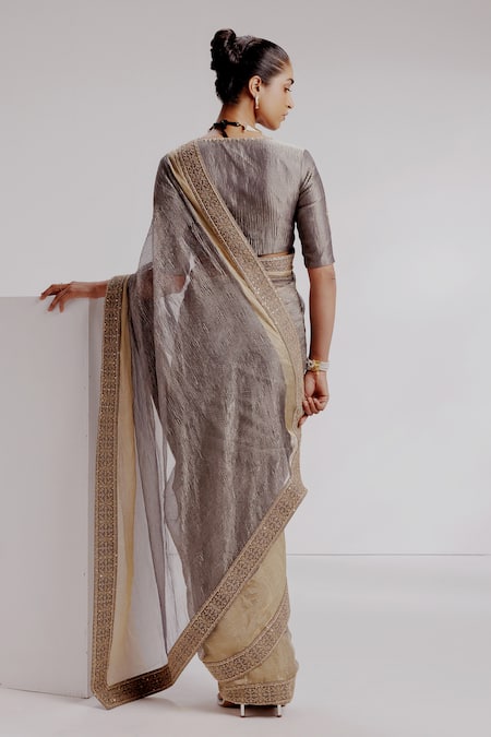 Shop Taisha Grey Silk, Satin Sequins, Zari V-neck Embroidered Border Textured Saree Set at Aza Fashions Shop_Taisha_Grey Silk, Satin Sequins, Zari V-neck Embroidered Border Textured Saree Set _at_Aza_Fashions