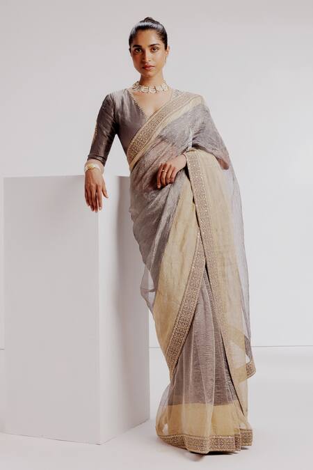 Taisha Grey Silk, Satin Sequins, Zari V-neck Embroidered Border Textured Saree Set Online at Aza Fashions Taisha_Grey Silk, Satin Sequins, Zari V-neck Embroidered Border Textured Saree Set _Online_at_Aza_Fashions