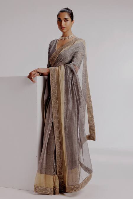 Buy Taisha Grey Silk, Satin Sequins, Zari V-neck Embroidered Border Textured Saree Set Online at Aza Fashions Buy_Taisha_Grey Silk, Satin Sequins, Zari V-neck Embroidered Border Textured Saree Set _Online_at_Aza_Fashions