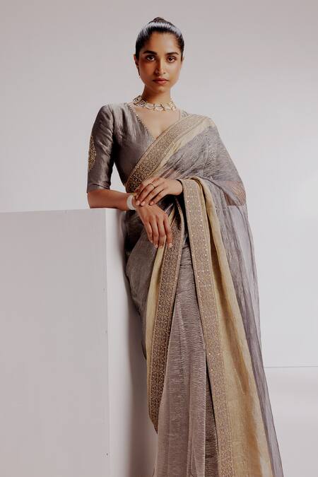 Shop Taisha Grey Silk, Satin Sequins, Zari V-neck Embroidered Border Textured Saree Set Online at Aza Fashions Shop_Taisha_Grey Silk, Satin Sequins, Zari V-neck Embroidered Border Textured Saree Set _Online_at_Aza_Fashions