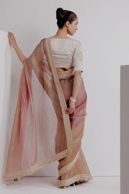 Shop Taisha Pink Silk, Satin Sequins V-neck Embroidered Border Textured Ombre Saree Set at Aza Fashions Shop_Taisha_Pink Silk, Satin Sequins V-neck Embroidered Border Textured Ombre Saree Set _at_Aza_Fashions