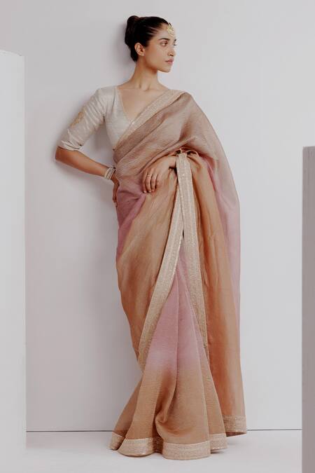 Taisha Pink Silk, Satin Sequins V-neck Embroidered Border Textured Ombre Saree Set Online at Aza Fashions Taisha_Pink Silk, Satin Sequins V-neck Embroidered Border Textured Ombre Saree Set _Online_at_Aza_Fashions
