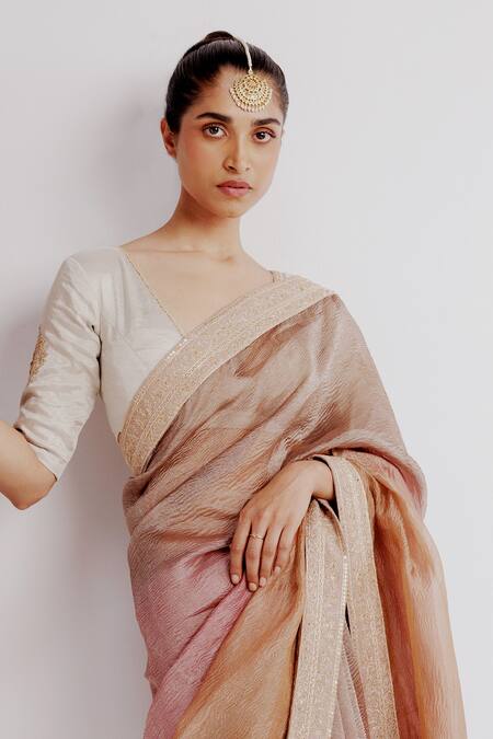 Buy Taisha Pink Silk, Satin Sequins V-neck Embroidered Border Textured Ombre Saree Set Online at Aza Fashions Buy_Taisha_Pink Silk, Satin Sequins V-neck Embroidered Border Textured Ombre Saree Set _Online_at_Aza_Fashions