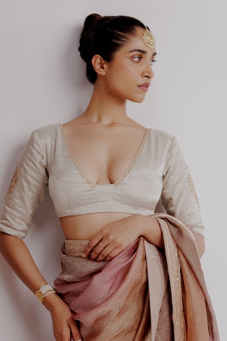 Shop Taisha Pink Silk, Satin Sequins V-neck Embroidered Border Textured Ombre Saree Set Online at Aza Fashions Shop_Taisha_Pink Silk, Satin Sequins V-neck Embroidered Border Textured Ombre Saree Set _Online_at_Aza_Fashions