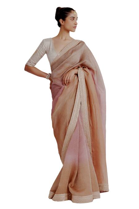 Taisha Pink Silk, Satin Sequins V-neck Embroidered Border Textured Ombre Saree Set at Aza Fashions Taisha_Pink Silk, Satin Sequins V-neck Embroidered Border Textured Ombre Saree Set _at_Aza_Fashions