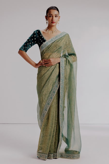 Taisha Green Saree Pure Zari Crushed Tissue Textured Set With Velvet Silk Blouse 