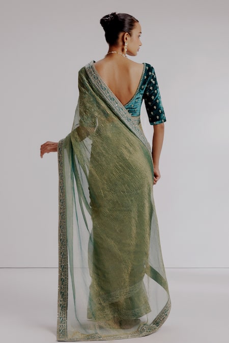 Shop Taisha Green Silk, Tissue, Velvet, Satin Sequins, Textured Saree Set With Blouse at Aza Fashions Shop_Taisha_Green Silk, Tissue, Velvet, Satin Sequins, Textured Saree Set With Blouse _at_Aza_Fashions
