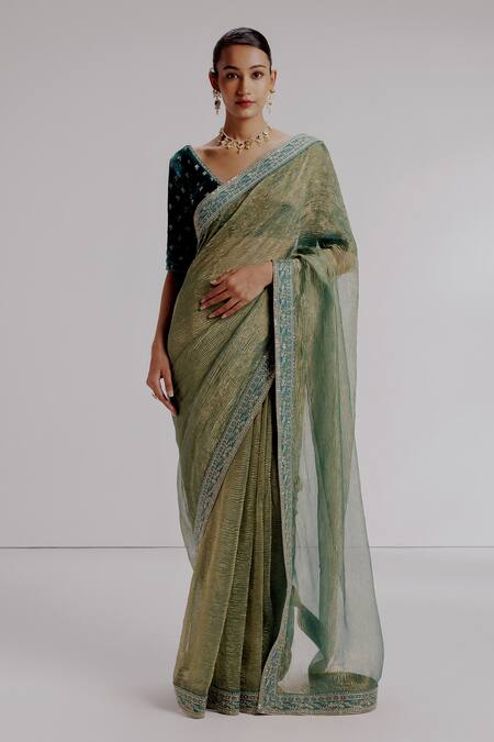 Taisha Green Silk, Tissue, Velvet, Satin Sequins, Textured Saree Set With Blouse Online at Aza Fashions Taisha_Green Silk, Tissue, Velvet, Satin Sequins, Textured Saree Set With Blouse _Online_at_Aza_Fashions