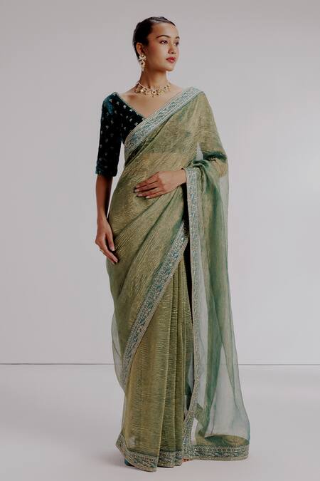 Buy Taisha Green Silk, Tissue, Velvet, Satin Sequins, Textured Saree Set With Blouse Online at Aza Fashions Buy_Taisha_Green Silk, Tissue, Velvet, Satin Sequins, Textured Saree Set With Blouse _Online_at_Aza_Fashions