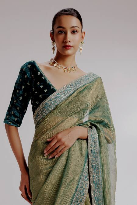 Shop Taisha Green Silk, Tissue, Velvet, Satin Sequins, Textured Saree Set With Blouse Online at Aza Fashions Shop_Taisha_Green Silk, Tissue, Velvet, Satin Sequins, Textured Saree Set With Blouse _Online_at_Aza_Fashions