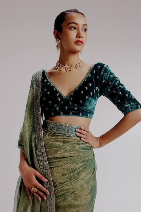 Taisha Green Silk, Tissue, Velvet, Satin Sequins, Textured Saree Set With Blouse at Aza Fashions Taisha_Green Silk, Tissue, Velvet, Satin Sequins, Textured Saree Set With Blouse _at_Aza_Fashions
