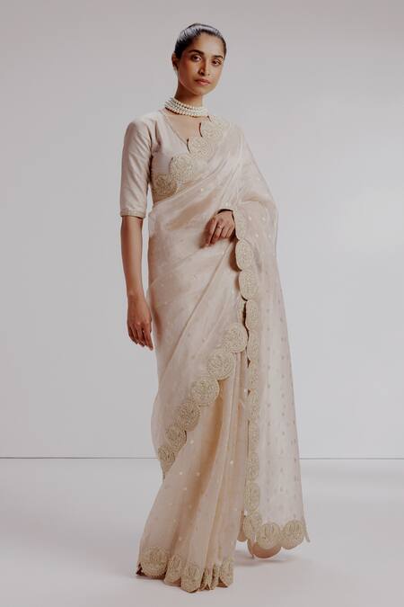 Taisha_Pink Silk, Satin Embroidery V-neck Lotus Border Saree Set _Online_at_Aza_Fashions