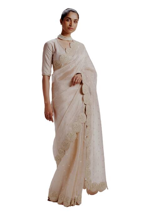 Buy_Taisha_Pink Silk, Satin Embroidery V-neck Lotus Border Saree Set _Online_at_Aza_Fashions