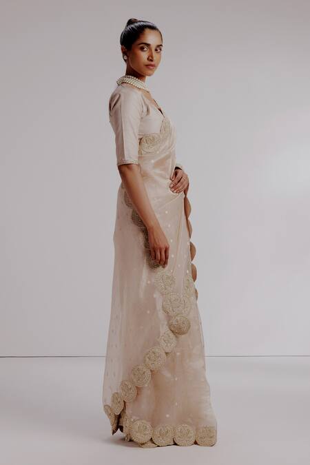 Shop_Taisha_Pink Silk, Satin Embroidery V-neck Lotus Border Saree Set _Online_at_Aza_Fashions