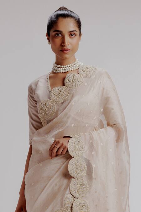 Taisha_Pink Silk, Satin Embroidery V-neck Lotus Border Saree Set _at_Aza_Fashions