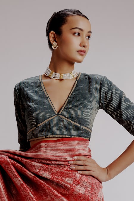 Taisha_Red Silk, Organza, Satin Embroidery V-neck Tiger Jaal Woven Banarasi Saree Set _at_Aza_Fashions