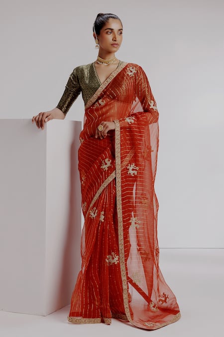 Taisha_Red Organza, Silk, Satin Embroidery V-neck Tiger Striped Saree Set _Online_at_Aza_Fashions