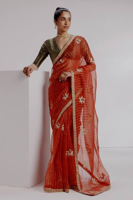 Buy_Taisha_Red Organza, Silk, Satin Embroidery V-neck Tiger Striped Saree Set _Online_at_Aza_Fashions