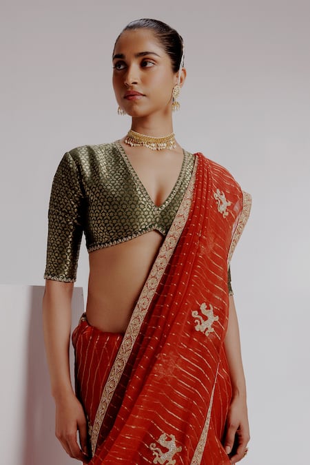 Shop_Taisha_Red Organza, Silk, Satin Embroidery V-neck Tiger Striped Saree Set _Online_at_Aza_Fashions