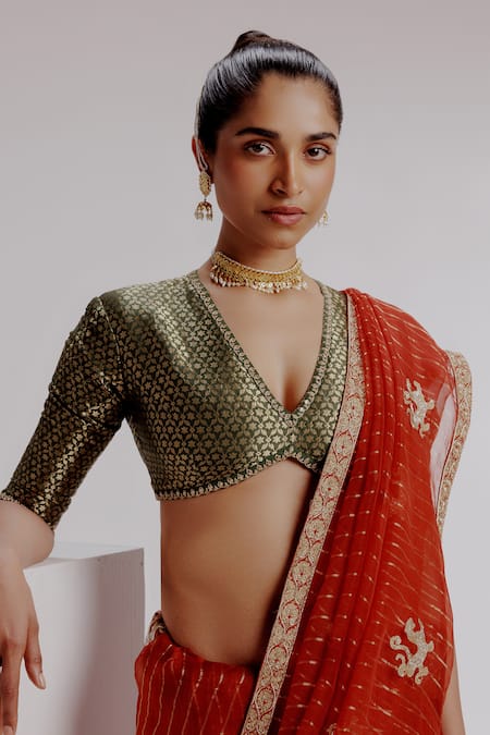 Taisha_Red Organza, Silk, Satin Embroidery V-neck Tiger Striped Saree Set _at_Aza_Fashions