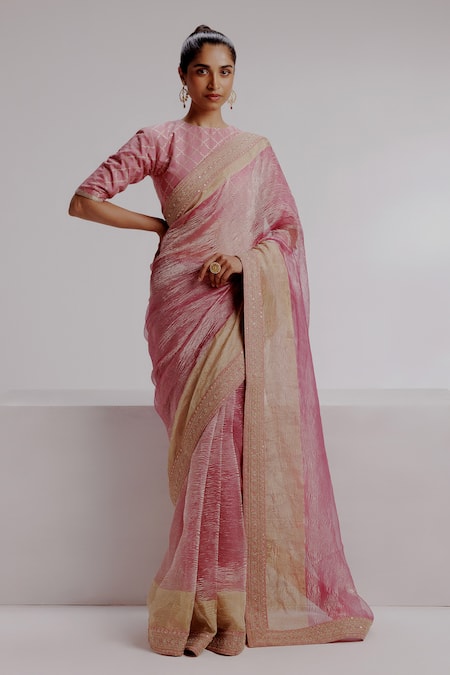 Taisha_Pink Satin, Tissue Sequins, Textured Saree Set With Woven Moroccan Blouse _Online_at_Aza_Fashions