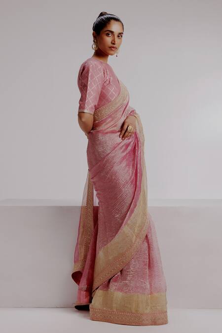 Buy_Taisha_Pink Satin, Tissue Sequins, Textured Saree Set With Woven Moroccan Blouse _Online_at_Aza_Fashions