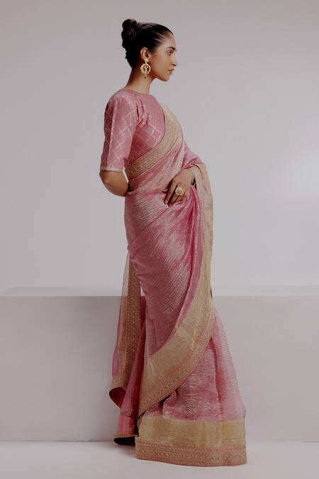 Shop_Taisha_Pink Satin, Tissue Sequins, Textured Saree Set With Woven Moroccan Blouse _Online_at_Aza_Fashions