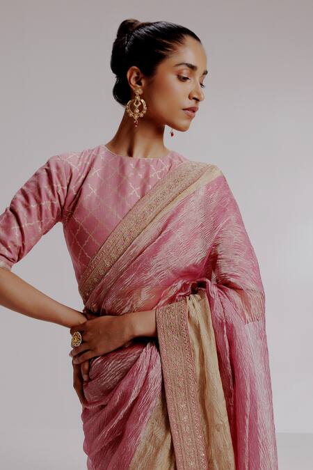 Taisha_Pink Satin, Tissue Sequins, Textured Saree Set With Woven Moroccan Blouse _at_Aza_Fashions