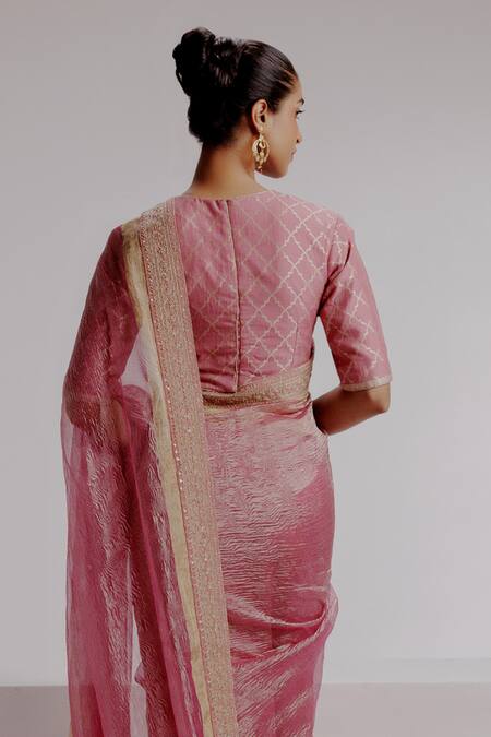 Buy_Taisha_Pink Satin, Tissue Sequins, Textured Saree Set With Woven Moroccan Blouse 