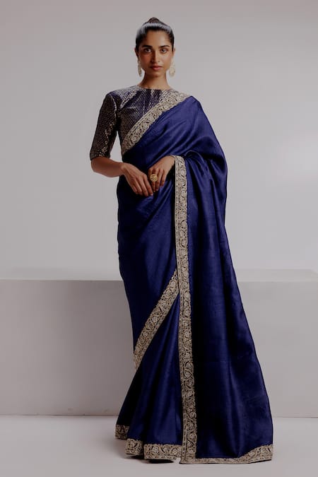 Buy Blue Saree Pure Tusser Silk Woven Bead Round Embroidered Border Set ...