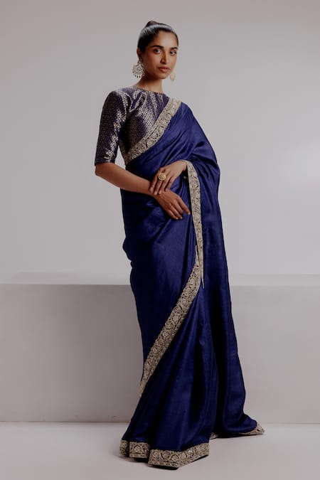 Taisha Blue Silk, Satin Beads, Embroidery Round Neck Border Saree Set Online at Aza Fashions Taisha_Blue Silk, Satin Beads, Embroidery Round Neck Border Saree Set _Online_at_Aza_Fashions