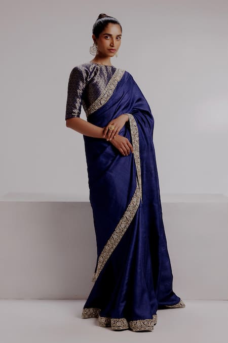 Buy Taisha Blue Silk, Satin Beads, Embroidery Round Neck Border Saree Set Online at Aza Fashions Buy_Taisha_Blue Silk, Satin Beads, Embroidery Round Neck Border Saree Set _Online_at_Aza_Fashions