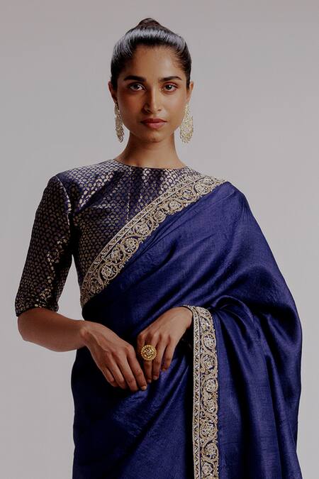 Shop Taisha Blue Silk, Satin Beads, Embroidery Round Neck Border Saree Set Online at Aza Fashions Shop_Taisha_Blue Silk, Satin Beads, Embroidery Round Neck Border Saree Set _Online_at_Aza_Fashions