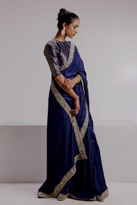Taisha Blue Silk, Satin Beads, Embroidery Round Neck Border Saree Set at Aza Fashions Taisha_Blue Silk, Satin Beads, Embroidery Round Neck Border Saree Set _at_Aza_Fashions
