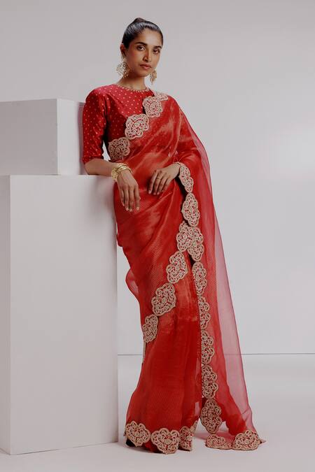 Taisha Red Silk, Satin, Organza Embroidery Round Neck Dragon Border Saree Set Online at Aza Fashions Taisha_Red Silk, Satin, Organza Embroidery Round Neck Dragon Border Saree Set _Online_at_Aza_Fashions