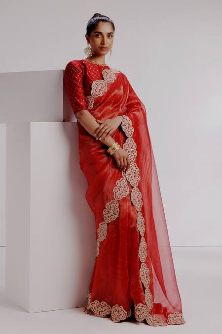 Buy Taisha Red Silk, Satin, Organza Embroidery Round Neck Dragon Border Saree Set Online at Aza Fashions Buy_Taisha_Red Silk, Satin, Organza Embroidery Round Neck Dragon Border Saree Set _Online_at_Aza_Fashions