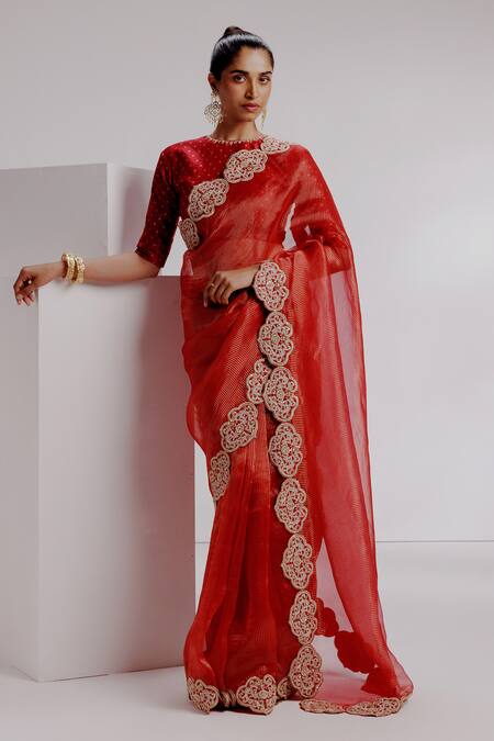 Shop Taisha Red Silk, Satin, Organza Embroidery Round Neck Dragon Border Saree Set Online at Aza Fashions Shop_Taisha_Red Silk, Satin, Organza Embroidery Round Neck Dragon Border Saree Set _Online_at_Aza_Fashions