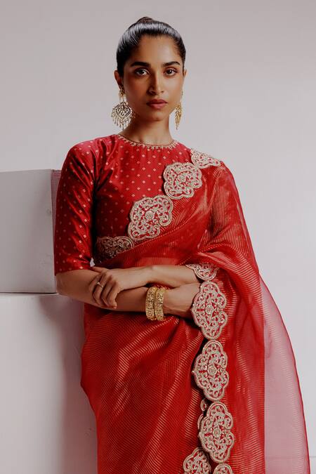 Taisha Red Silk, Satin, Organza Embroidery Round Neck Dragon Border Saree Set at Aza Fashions Taisha_Red Silk, Satin, Organza Embroidery Round Neck Dragon Border Saree Set _at_Aza_Fashions